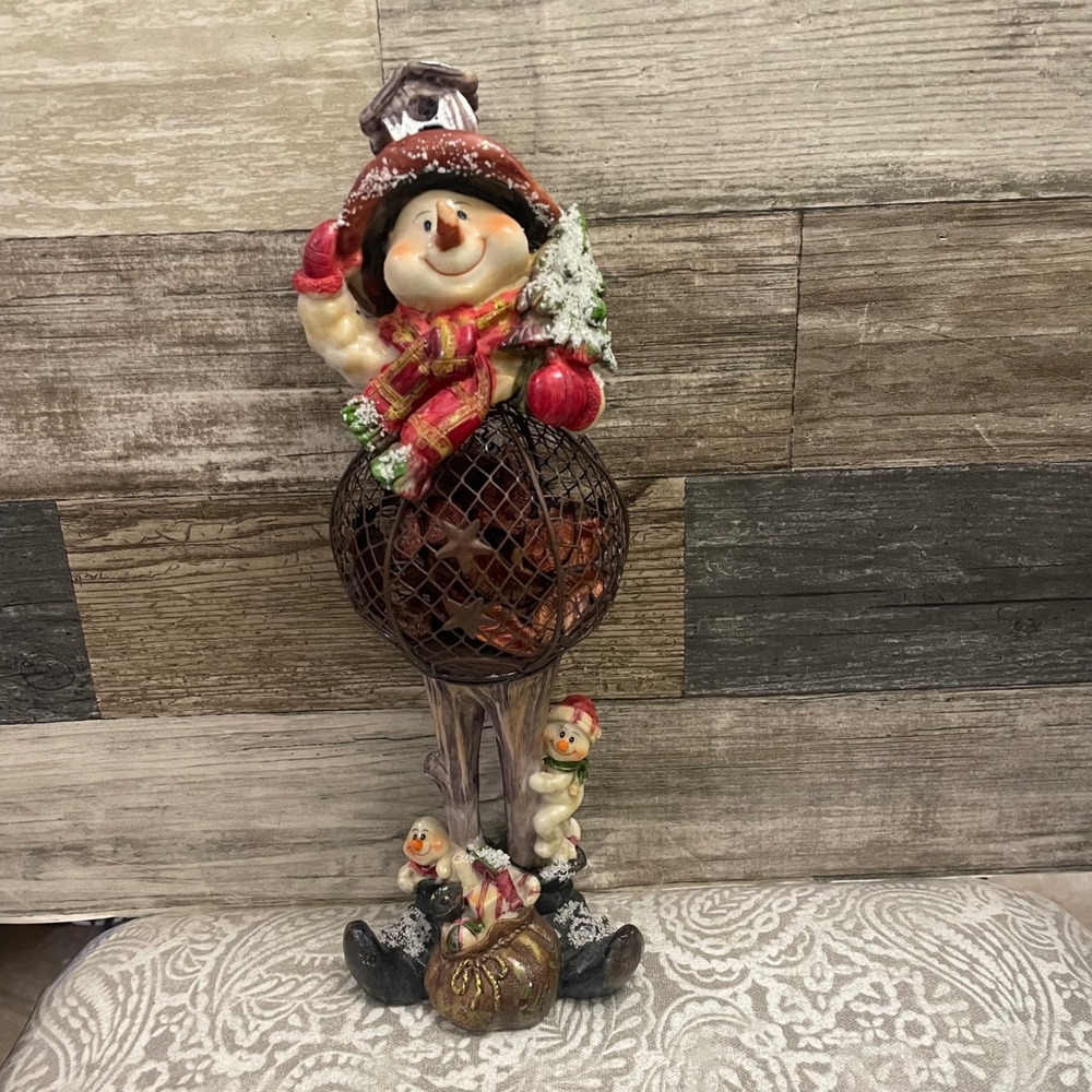 Snowman Figurine with Metal Potpourri Cage Holiday Winter Decor 12" resin.